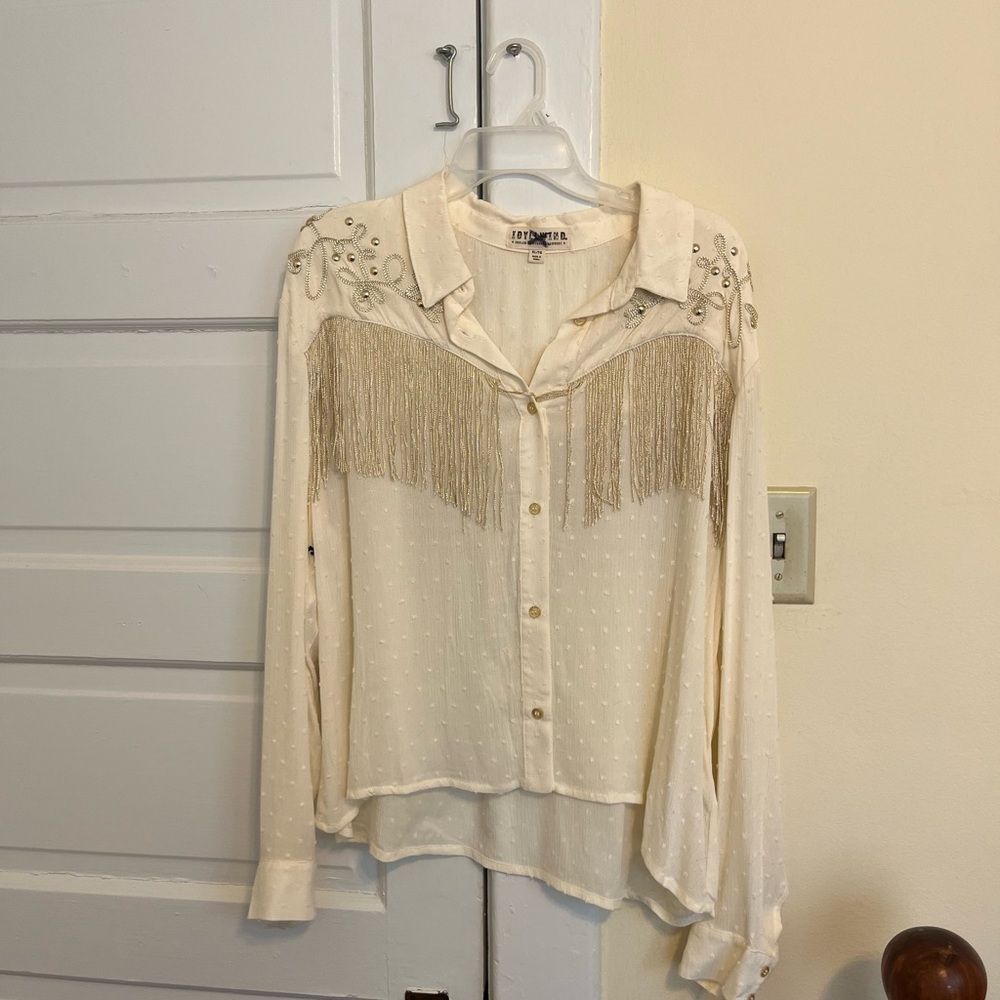 Cream Western Blouse with Fringe and Embellishments
